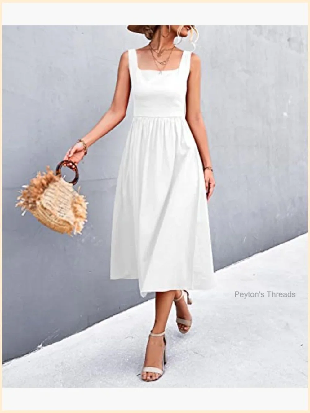 Square Collar Sleeveless Pleated A-Line Midi Dress Backless - Picture 6 of 6